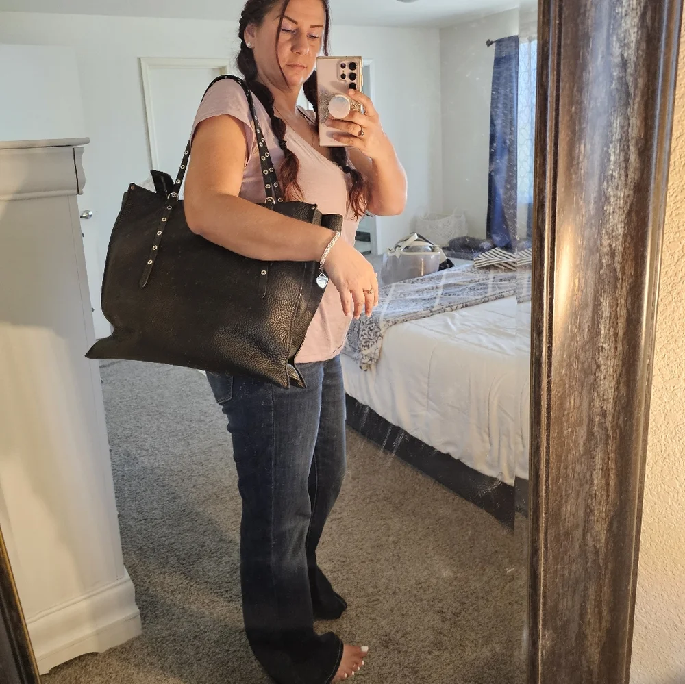 henri bendel Black Leather Tote with Grommet Strap Details